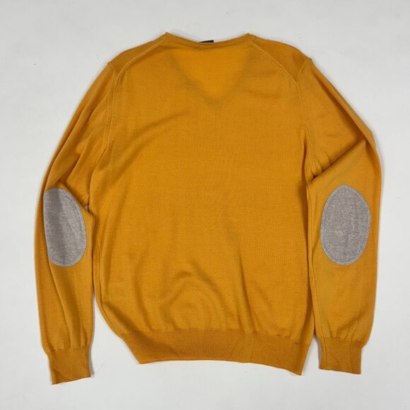 Men’s Mustard V-Neck Sweater with Suede Elbow Patches - Picture 9 of 11